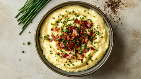 A delicious bowl of creamy polenta topped with crispy bacon and fresh chives. Perfectly plated for an inviting presentation in culinary settings.の素材
