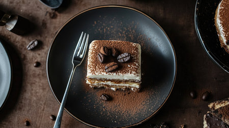 Capture the tempting allure of a tiramisu dessert slice with an aerial view, showcasing its creamy layers and coffee accents on a stylish plate.の素材
