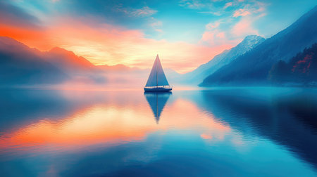 Experience the serene beauty of a sailboat gliding over calm waters during a captivating sunset, surrounded by majestic mountains and tranquil reflections.の素材