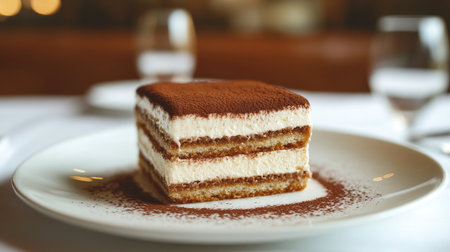 A delectable slice of tiramisu cake beautifully presented on a pristine plate. This classic Italian dessert showcases creamy layers and rich coffee flavors, perfect for any occasion.の素材