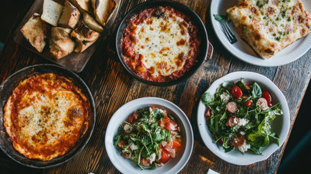 Explore a captivating array of classic Italian dishes featuring savory pizzas, vibrant salads, and hearty meals, beautifully presented for an inviting dining experience.の素材