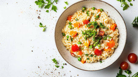 This elegantly styled bowl of delicious risotto showcases fresh vegetables like peas and tomatoes, garnished with herbs for a vibrant presentation. Perfect for any meal.の素材