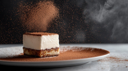 This creative Tiramisu dessert showcases layers of cream and cocoa, presented at a unique angle. Perfect for food photography, highlighting its indulgent appeal.の素材