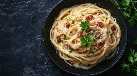 A mouthwatering bowl of spaghetti carbonara showcasing creamy sauce, crispy bacon, and fresh parsley. Perfect for culinary enthusiasts and food lovers.の素材