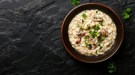 A visually appealing bowl of creamy risotto with mushrooms and fresh herbs, perfect for culinary photography. Ideal for food lovers and recipe enthusiasts.の素材