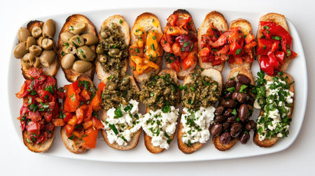 A beautiful arrangement of assorted bruschetta featuring vibrant toppings including olives, cheese, and assorted vegetables on a serving platter. Perfect for gatherings!の素材