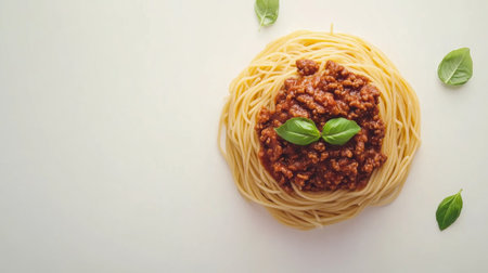 This overhead view showcases a delightful spaghetti dish topped with rich sauce and fresh basil. A perfect representation of comfort food in a minimalist style.の素材