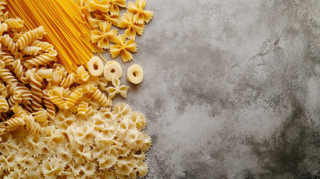 This image showcases various shapes of fresh pasta arranged on a gray surface, highlighting the textures and colors of uncooked Italian ingredients, ideal for culinary projects.の素材
