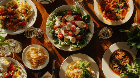 Experience a delightful aerial view showcasing an exquisite spread of Italian dishes. The colorful presentation invites sharing and savoring together.の素材