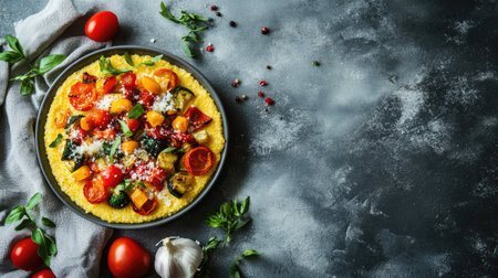 A vibrant dish featuring corn polenta topped with fresh tomatoes, herbs, and garlic. Perfect for showcasing the beauty of seasonal ingredients.の素材