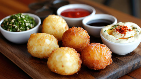 A tempting display of golden brown deep-fried snacks served with a variety of dips. Perfect for appetizers or sharing, this presentation showcases crispy textures and vibrant colors.の素材