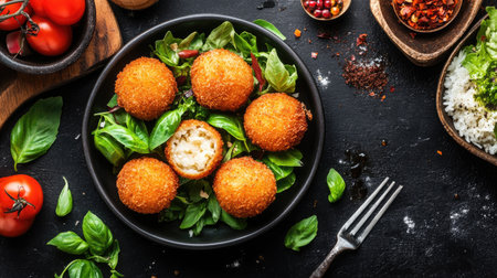 Enjoy a delightful aerial view of perfectly fried arancini served on a bed of fresh basil. This vibrant dish captures the essence of Italian cuisine.の素材
