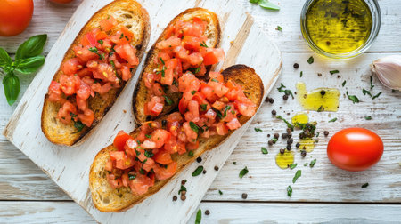 Enjoy a delightful presentation of tomato bruschetta on toasted bread, garnished with fresh herbs and olive oil, perfect for any gathering or meal.の素材