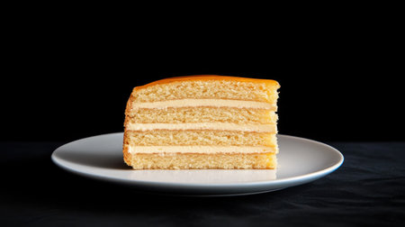 A delectable slice of layered honey cake elegantly presented on a white plate. The moist layers and smooth frosting create a perfect dessert for any occasion.の素材