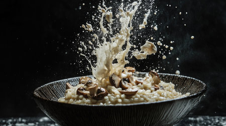 A dramatic portrayal of fresh mushroom risotto with a stunning splash effect, capturing the essence of gourmet cuisine in a visually striking manner.の素材