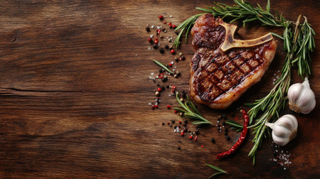 A beautifully grilled juicy bone-in steak resting on a rustic wooden table, surrounded by fresh herbs and spices, perfect for culinary enthusiasts and food photography.の素材