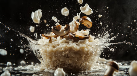 Experience a dynamic scene of mushroom risotto suspended in a splash, showcasing creamy textures and rich flavors. Perfect for culinary photography.の素材