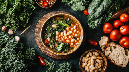 A rustic bowl of hearty ribollita soup surrounded by fresh ingredients like kale, tomatoes, and beans, perfect for a nutritious meal or artistic presentation.の素材