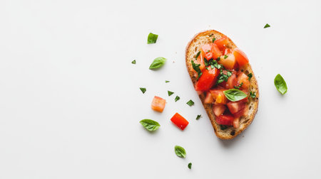 A minimalistic top view of a single bruschetta topped with fresh tomatoes and basil, ideal for showcasing vibrant and healthy appetizer ideas.の素材