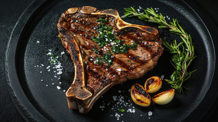 A beautifully grilled bone steak with charred edges, garnished with herbs and served on a rustic plate. Perfect for gourmet dining and culinary inspiration.の素材