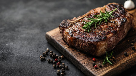 A perfectly seared Wagyu porterhouse steak garnished with fresh herbs, presented on a wooden cutting board, showcasing rich textures and flavors.の素材