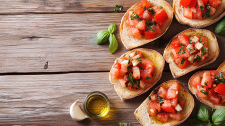 A rustic wooden table featuring fresh ciabatta slices topped with vibrant tomato and basil, drizzled with olive oil. Perfect for a cozy dining experience.の素材