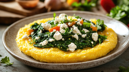 A vibrant presentation of creamy polenta topped with sautの素材