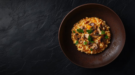 A striking mushroom risotto served in a brown bowl, showcasing vibrant colors and fresh herbs. Perfect for culinary presentations or food photography.の素材