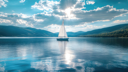 A serene sailboat glides across a tranquil blue lake, surrounded by mountains and soft clouds. The sunlight reflects beautifully on the calm water, creating a peaceful scene.の素材