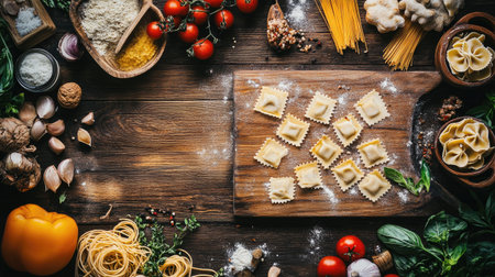 A beautiful arrangement of fresh ravioli on a wooden surface, surrounded by ingredients like tomatoes, herbs, and spices, showcasing a culinary delight.の素材