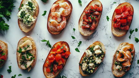 An appetizing flat lay showcasing a variety of bruschetta topped with shrimp, tomatoes, and cheese, perfect for gatherings or events.の素材
