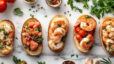 Explore a stunning flat lay of bruschetta featuring multiple variations topped with fresh seafood, tomatoes, and herbs, perfect for any gourmet meal.の素材