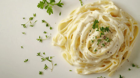 A delectable serving of creamy fettuccine pasta elegantly plated with fresh herbs. Perfect for showcasing gourmet Italian cuisine in food photography.の素材