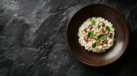 Savor a bowl of creamy brown mushroom risotto, beautifully presented with fresh herbs. This gourmet dish combines rich flavors and elegant style for any dining occasion.の素材