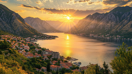 Experience the breathtaking beauty of Kotor Bay at sunset. This stunning landscape captures the vibrant colors and serene reflections in the water, perfect for travel enthusiasts and nature lovers alike.の素材