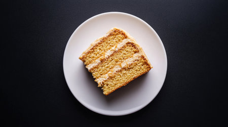 A delicious slice of honey cake sits elegantly on a white plate, showcasing its fluffy texture and creamy layers, perfect for a sweet treat any time.の素材
