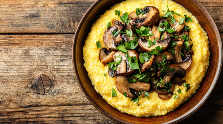 A top view of a vibrant dish featuring creamy polenta topped with sautの素材