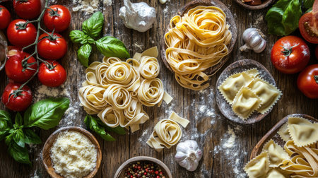 Discover a vibrant display of fresh pasta varieties surrounded by tomatoes, basil, and garlic on a rustic wooden table, perfect for culinary inspiration.の素材