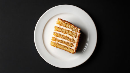 A delectable slice of honey cake showcasing soft layers and creamy frosting, elegantly presented on a white plate, perfect for dessert lovers.の素材