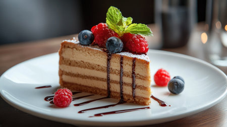 A beautifully presented slice of traditional Medovik cake topped with fresh raspberries, blueberries, and mint, perfect for any dessert lover.の素材
