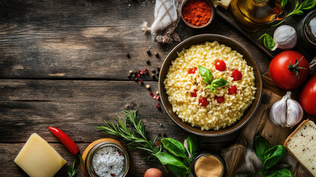 A captivating top view of creamy risotto served in a rustic bowl, garnished with fresh herbs and tomatoes, showcasing the essence of Italian cuisine. Perfect for food lovers.の素材