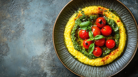 A stunning aerial view showcases a polenta dish adorned with fresh tomatoes and basil, highlighting vibrant colors and textures perfect for culinary enthusiasts.の素材