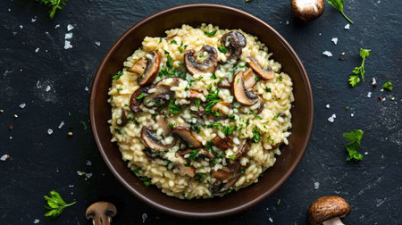 A visually appealing top view of rich mushroom risotto, garnished with fresh herbs. Perfect for showcasing vibrant flavors and textures in gourmet cuisine.の素材