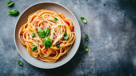An appetizing overhead shot of a generous serving of pasta topped with fresh basil and cheese, perfect for showcasing Italian cuisine and culinary artistry.の素材