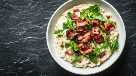 A visually striking bowl of risotto decorated with fresh arugula and crispy bacon, served on a dark background, perfect for gourmet food lovers.の素材