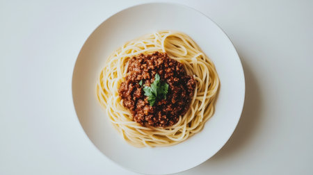 Enjoy a generous serving of spaghetti topped with savory meat sauce and fresh herbs, beautifully presented in a white bowl for a delightful meal experience.の素材