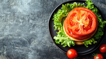 A vibrant top down view of a fresh sandwich featuring layers of juicy tomatoes and crisp lettuce, perfect for a healthy meal or snack option.の素材