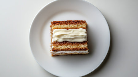 A top view shot of a traditional cake piece on a white plate. The dessert features delicate layers and creamy frosting, showcasing a delicious treat perfect for any occasion.の素材