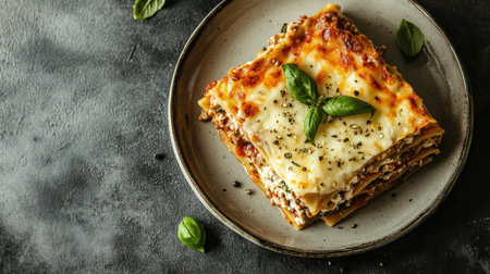 A mouthwatering portion of lasagna, layered with pasta, cheese, and herbs, garnished with fresh basil leaves, perfect for any meal or occasion.の素材
