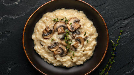 Indulge in this creamy mushroom risotto captured in a flat lay format, showcasing its rich texture and garnished with fresh thyme on a dark slate background.の素材